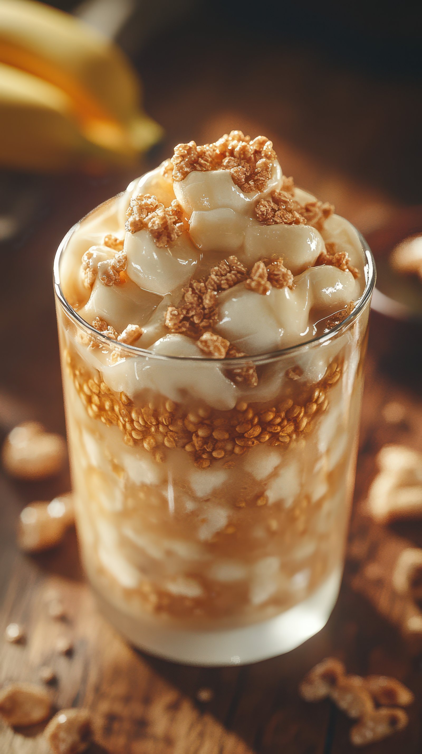 Delicious layered dessert featuring creamy yogurt, granola, and banana slices served in a glass